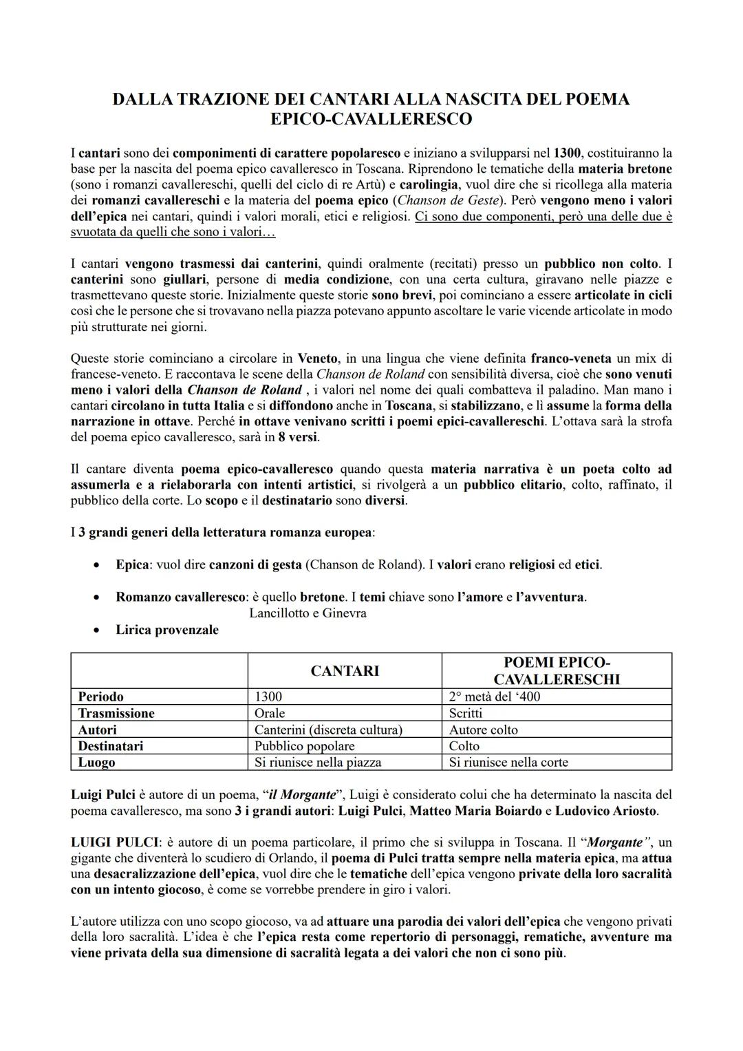 # DALLA TRAZIONE DEI CANTARI ALLA NASCITA DEL POEMA
EPICO-CAVALLERESCO
I cantari sono dei componimenti di carattere popolaresco e iniziano