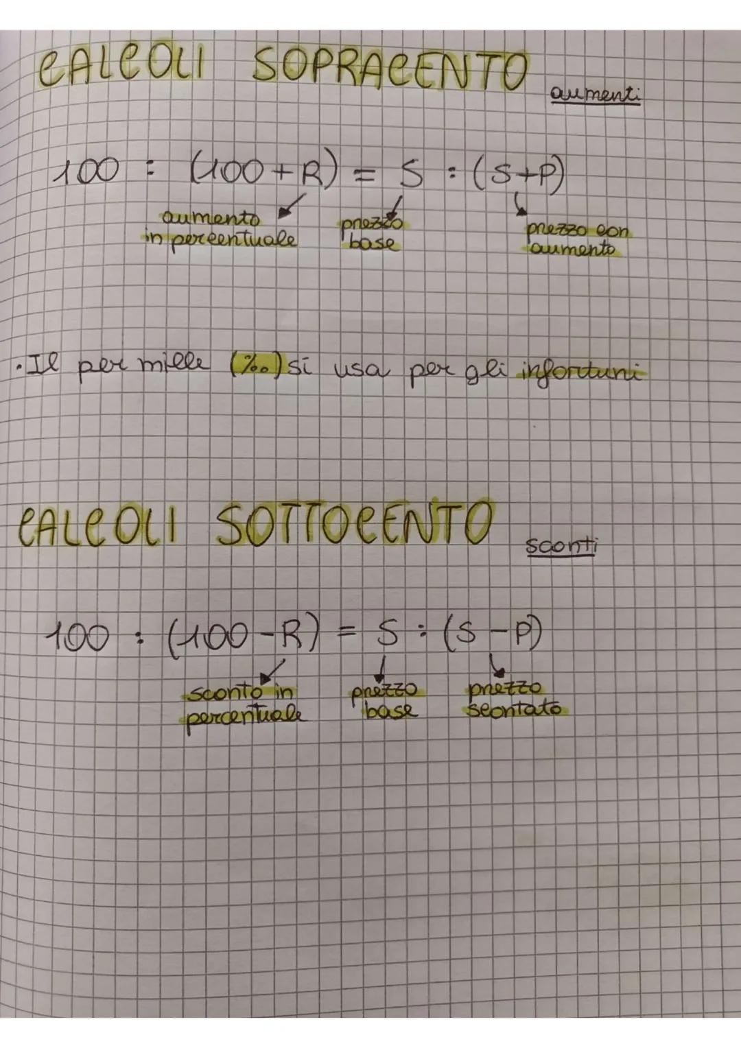 # CALCOLI SOPRACENTO
aumenti
100 : (100+R) = S : (s+p)
aumento
in percentuale
prez
base
prezzo con
aumento
- Il per mille (20) si usa