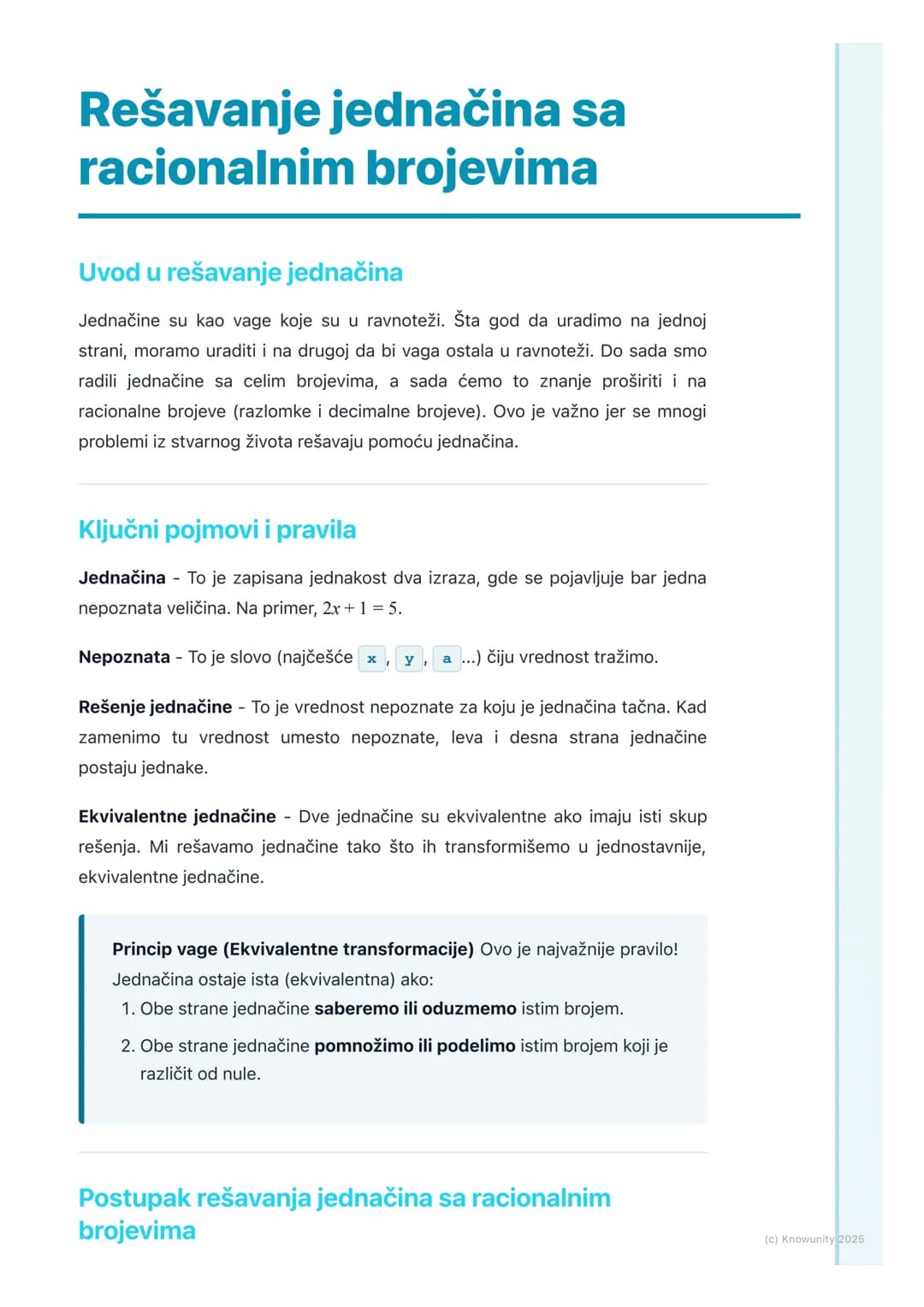 # Rešavanje jednačina sa
racionalnim brojevima
Uvod u rešavanje jednačina
Jednačine su kao vage koje su u ravnoteži. Šta god da uradimo na