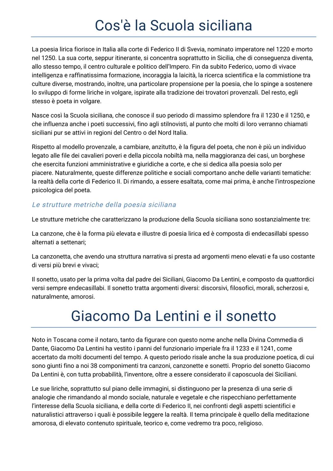 Cos'è la Scuola siciliana
La poesia lirica fiorisce in Italia alla corte di Federico II di Svevia, nominato imperatore nel 1220 e morto
nel