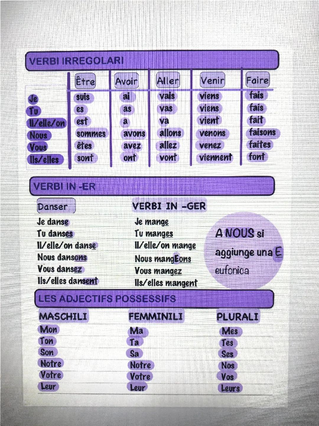 VERBI IRREGOLARI
Être
Avoir
Aller
Venir
Faire
suis
al
vais
viens
fais
Tu
es
as
vas
viens
fais
l/elle/on est
a
va
vient
fait
Nous
sommes
avon