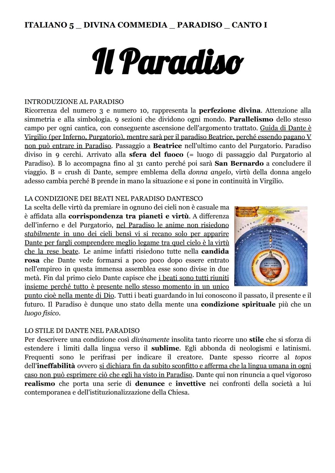 ITALIANO 5. DIVINA COMMEDIA PARADISO CANTO I
Il Paradiso
INTRODUZIONE AL PARADISO
Ricorrenza del numero 3 e numero 10, rappresenta la perfez