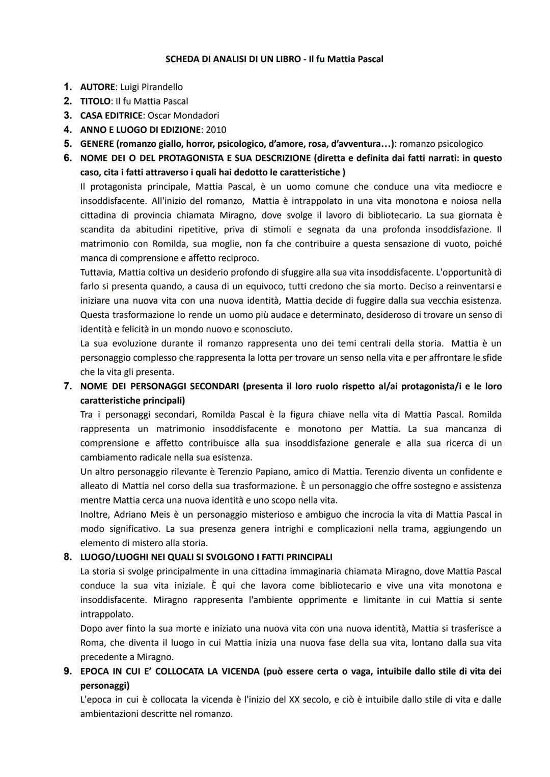 "Il fu Mattia Pascal" Pirandello - Scheda di Analisi del Libro