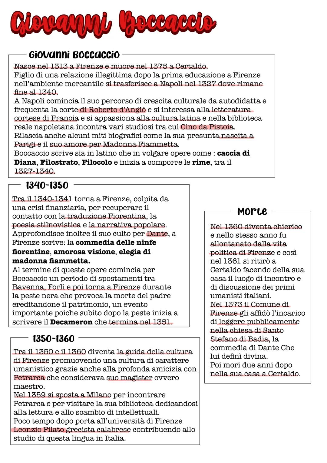 # Giovanni Boccaccio
Giovanni Boccaccio
Nasce nel 1313 a Firenze e muore nel 1375 a Certaldo.
Figlio di una relazione illegittima dopo la