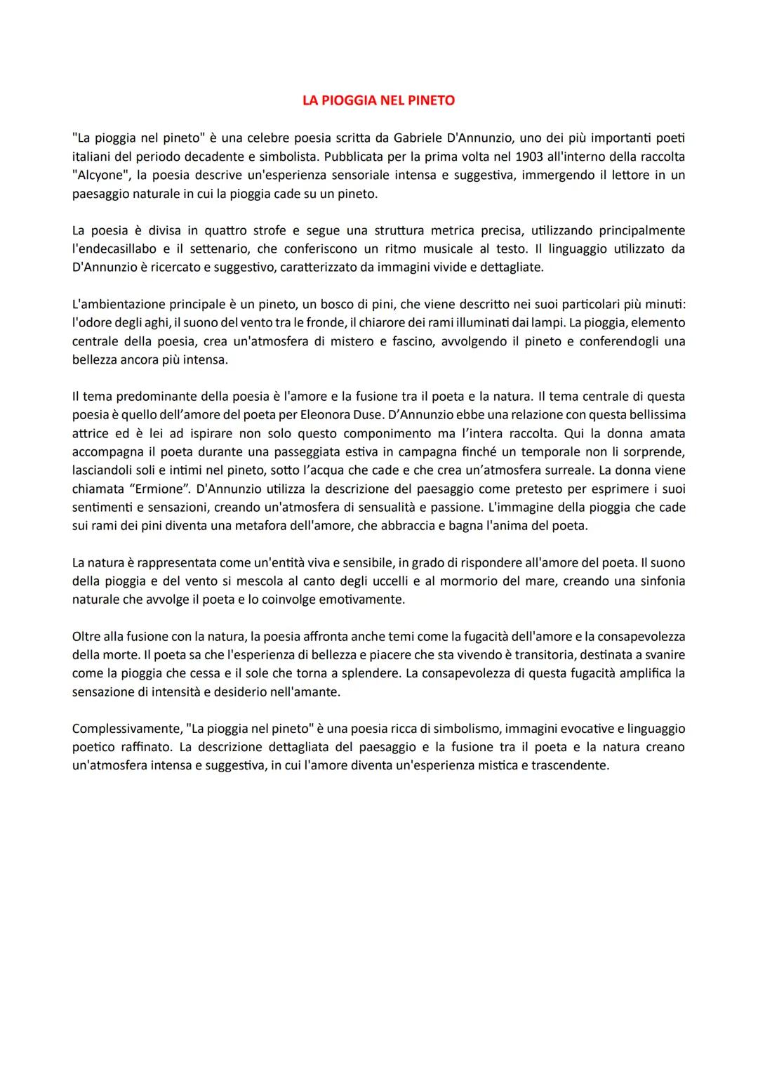 # LA PIOGGIA NEL PINETO
"La pioggia nel pineto" è una celebre poesia scritta da Gabriele D'Annunzio, uno dei più importanti poeti
italiani
