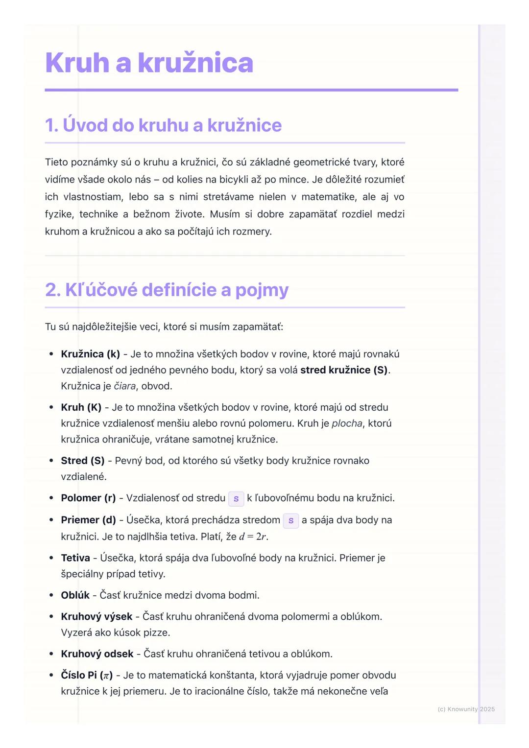 # Kruh a kružnica
## 1. Úvod do kruhu a kružnice
Tieto poznámky sú o kruhu a kružnici, čo sú základné geometrické tvary, ktoré
vidíme všad