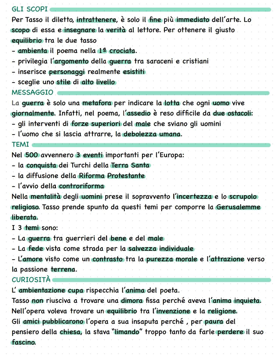 GLI SCOPI
Per Tasso il diletto, intrattenere, è solo il fine più immediato dell'arte. Lo
scopo di essa e insegnare la verità al lettore. Per