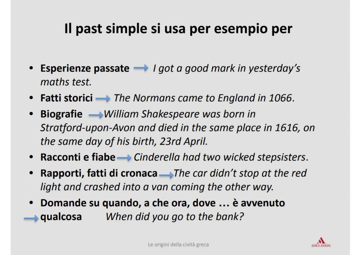 # Past simple # Definizione
Il Past simple si usa per descrivere azioni compiute nel
passato, quando nella frase c'è un'espressione di temp