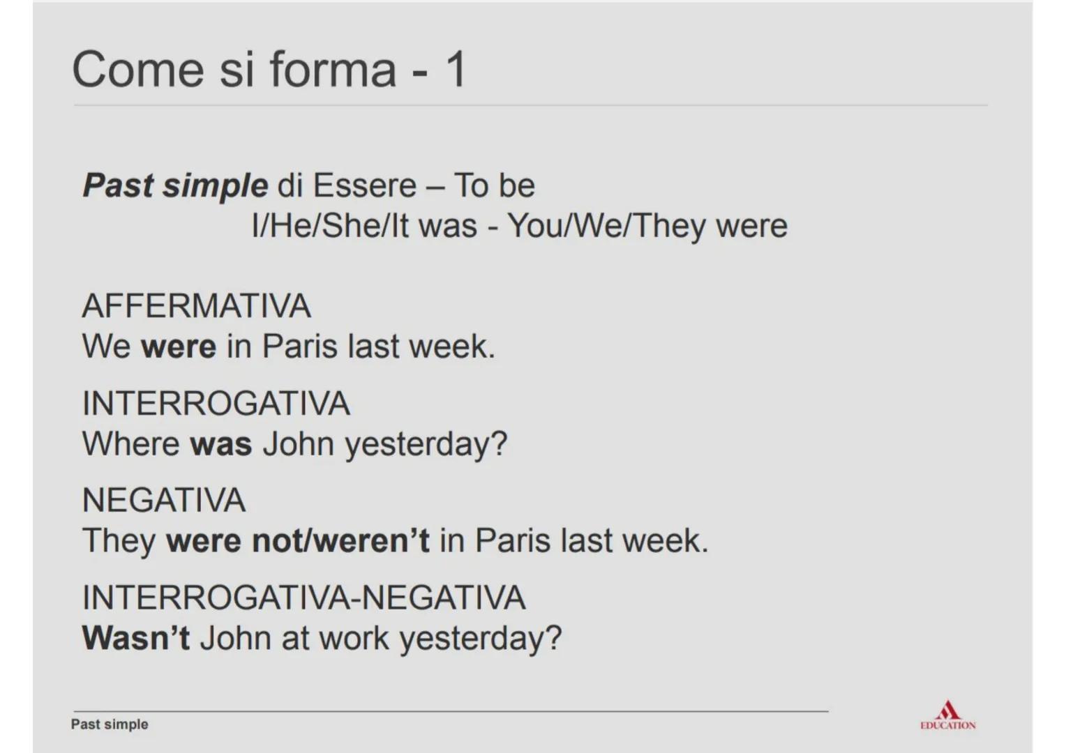 # Past simple # Definizione
Il Past simple si usa per descrivere azioni compiute nel
passato, quando nella frase c'è un'espressione di temp