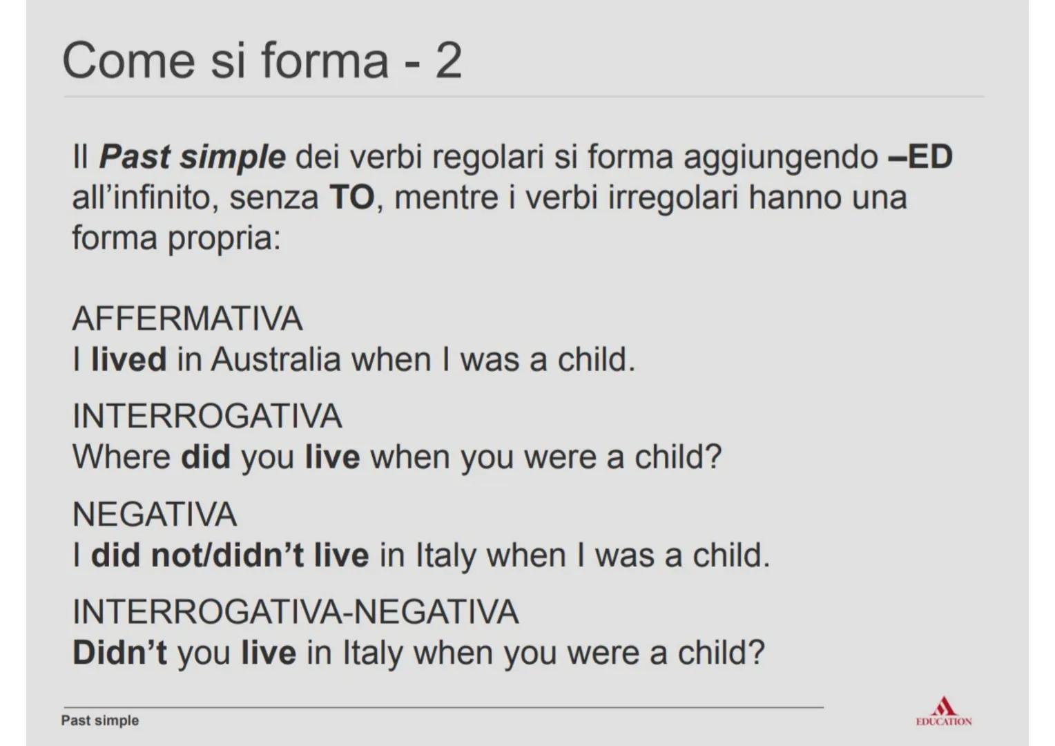 # Past simple # Definizione
Il Past simple si usa per descrivere azioni compiute nel
passato, quando nella frase c'è un'espressione di temp