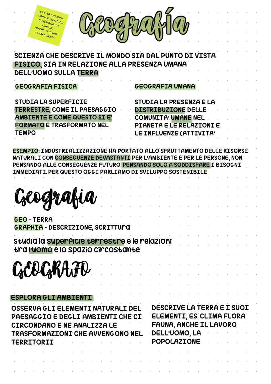 * COS'E LA GEOGRAFIA
* AMBIENTE TERRITORIO
* E PAESAGGIO GLI
* STUMENTI
* PERCHE SI STUDIA
* LA CARTOGRAFIA
# Geografía
SCIENZA CHE DESCRI