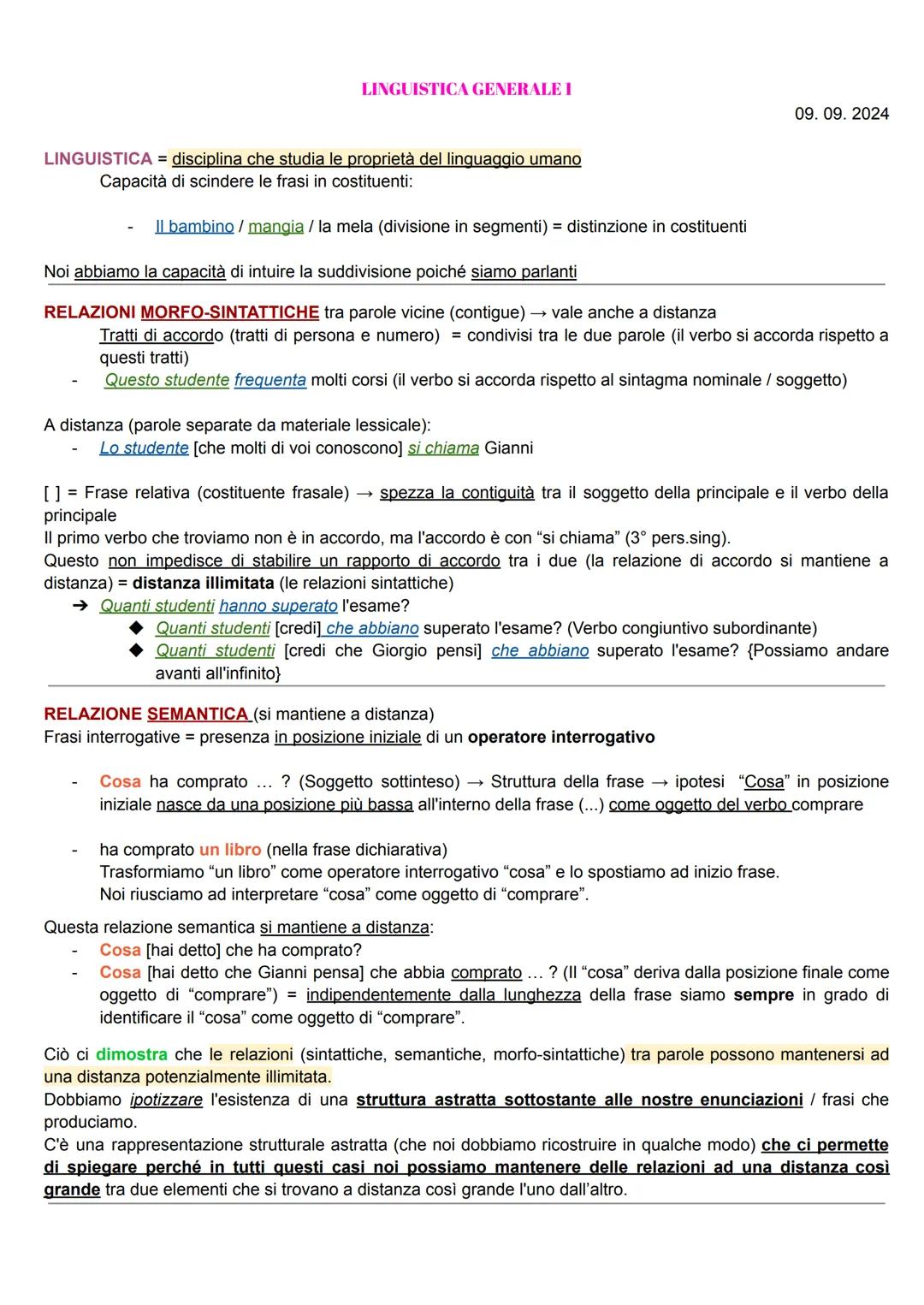--- OCR Start ---
LINGUISTICA GENERALE 1
09. 09. 2024
LINGUISTICA = disciplina che studia le proprietà del linguaggio umano
Capacità di scin