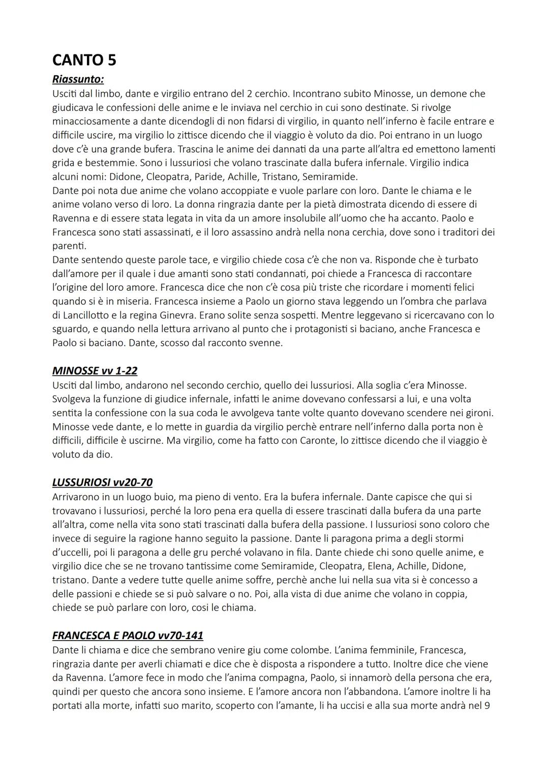 CANTO 5
Riassunto:
Usciti dal limbo, dante e virgilio entrano del 2 cerchio. Incontrano subito Minosse, un demone che
giudicava le confessi