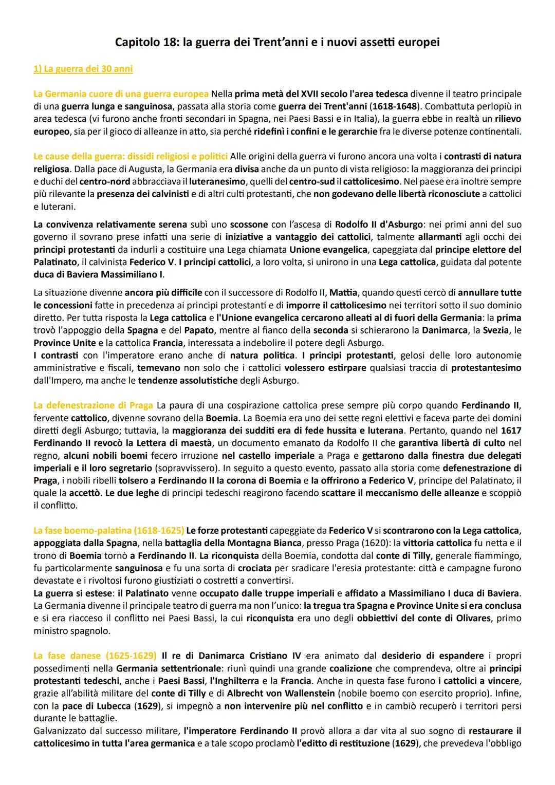 Capitolo 18: la guerra dei Trent'anni e i nuovi assetti europei
1) La guerra dei 30 anni
La Germania cuore di una guerra europea Nella prima