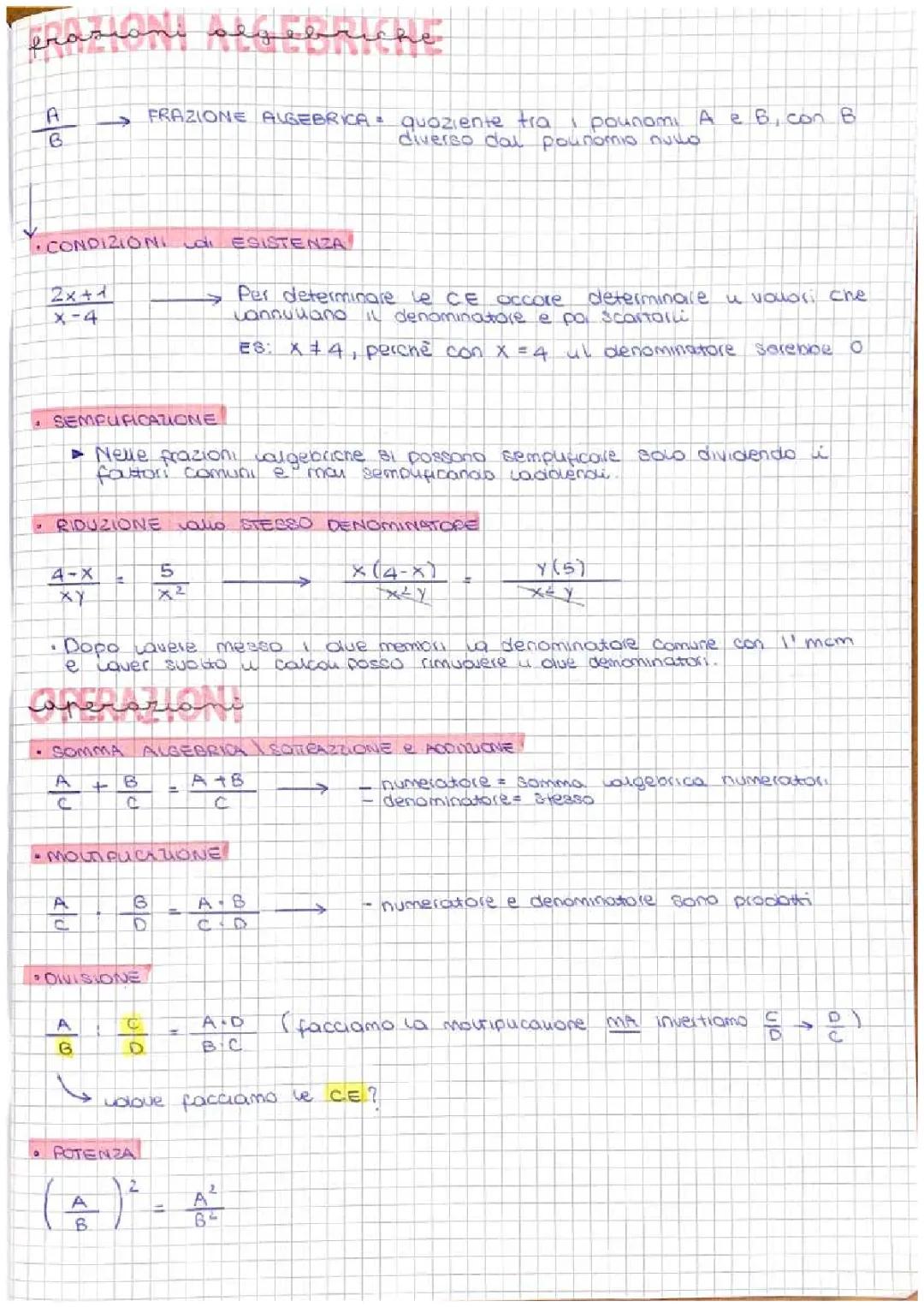 Frazioni algebriche, Disequazioni, Sistemi lineari, Radicali