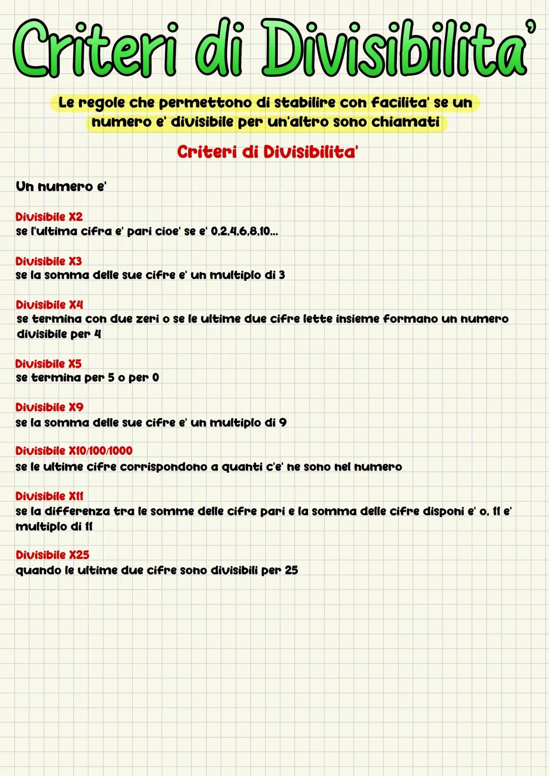 Criteri di Divisibilita
Le regole che permettono di stabilire con facilita' se un
numero e' divisibile per un'altro sono chiamati
Criteri di