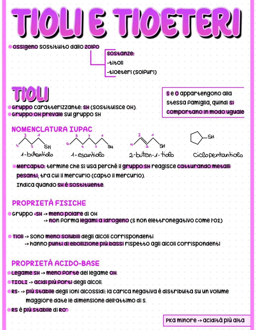 # TIOLI E TIOETERI
⚫ossigeno sostituito dallo zolfo
sostanze:
-titoli
-tioeteri (solfuri)
# TIOLI
⚫Gruppo caratterizzante: SH (Sostituis