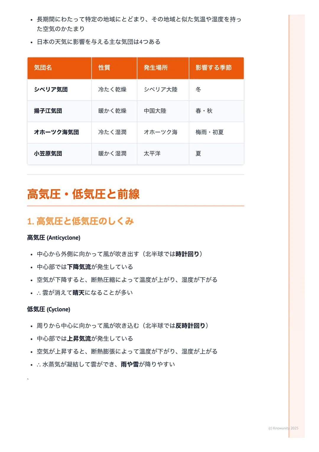 # 気象現象と天気
## 天気の基本要素
天気は、気温、気圧、湿度、風などの大気の総合的な状態のこと。これらの要素
がどう相互作用するかを理解することが、気象現象を予測する第一歩になる。天
気予報の基礎なので、しっかり押さえておきたい。
## 主要な気象用語と概念
気圧(