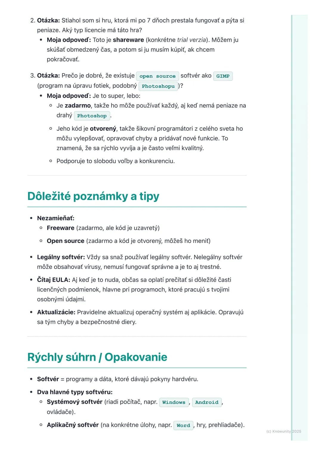 # Typy softvéru a licencie
Prehľad
Dnes si zopakujeme, čo je to softvér a aké sú jeho hlavné typy. Je to dôležité,
lebo softvér je vlastne