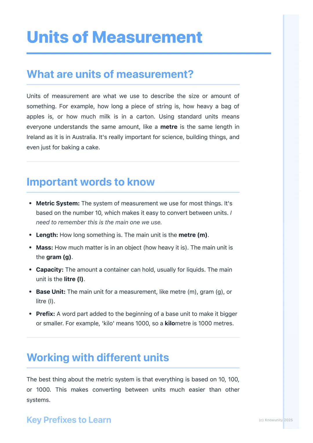 # Units of Measurement
## What are units of measurement?
Units of measurement are what we use to describe the size or amount of
something.