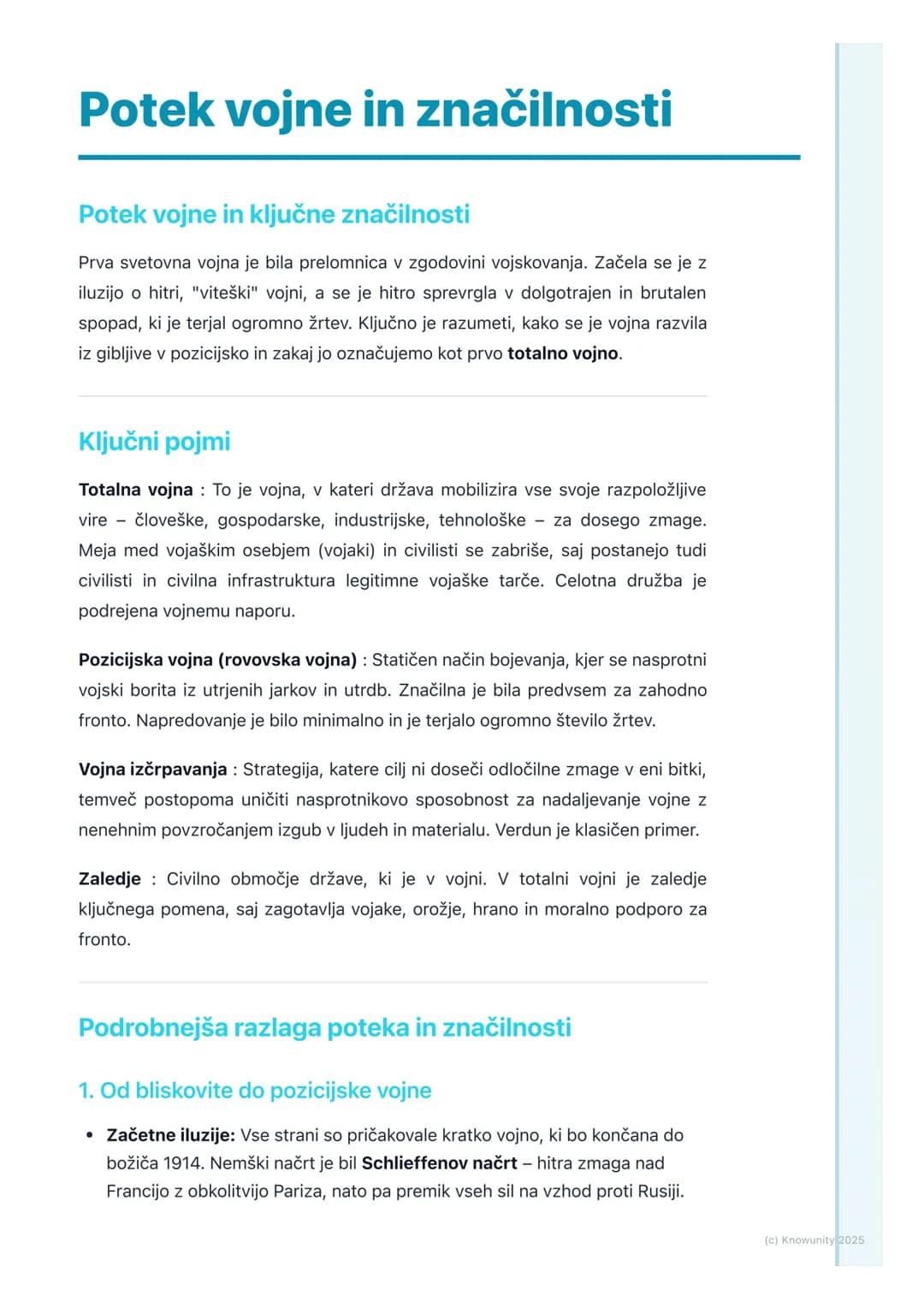 # Potek vojne in značilnosti
## Potek vojne in ključne značilnosti
Prva svetovna vojna je bila prelomnica v zgodovini vojskovanja. Začela