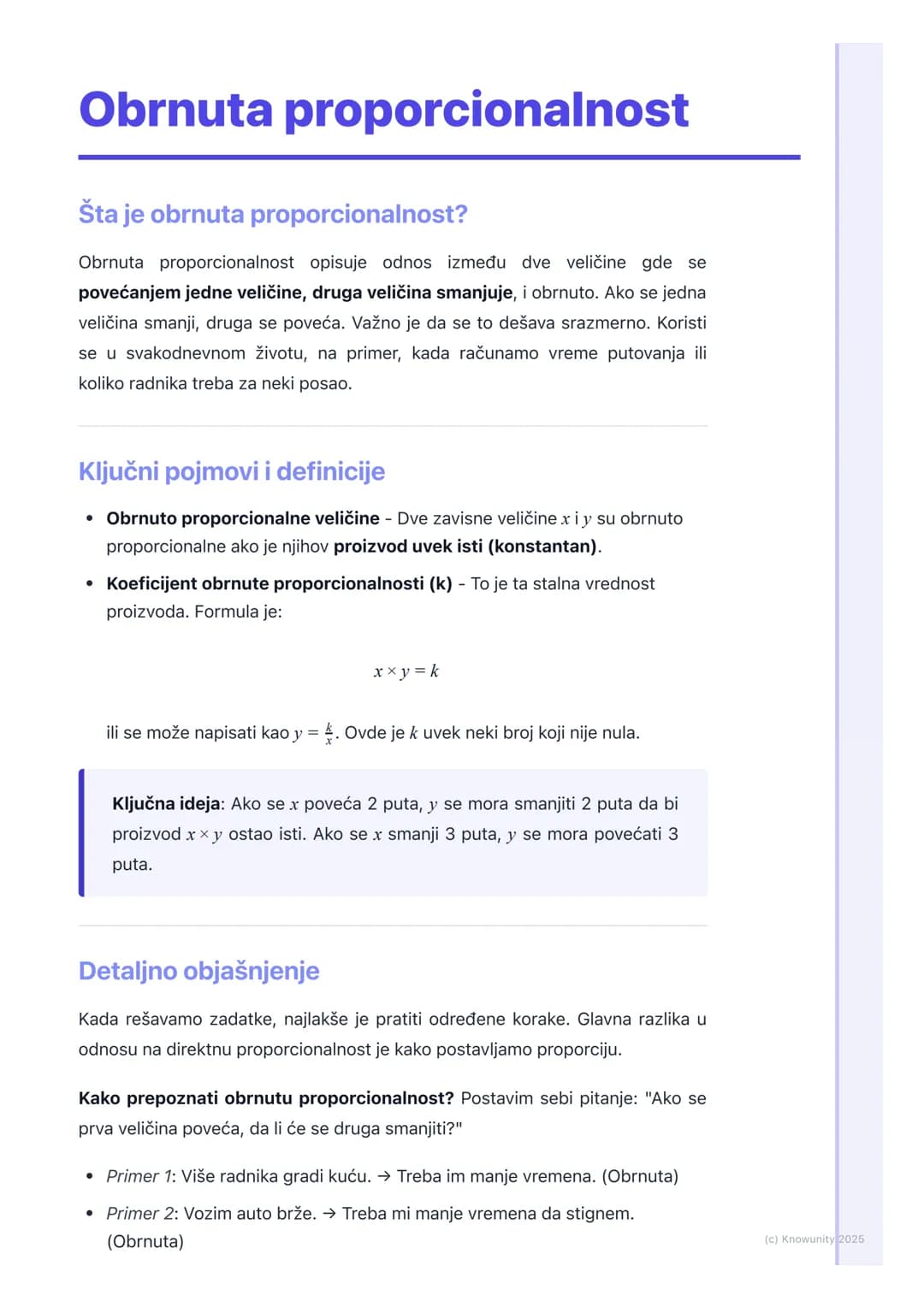 # Obrnuta proporcionalnost
## Šta je obrnuta proporcionalnost?
Obrnuta proporcionalnost opisuje odnos između dve veličine gde se
povećanje