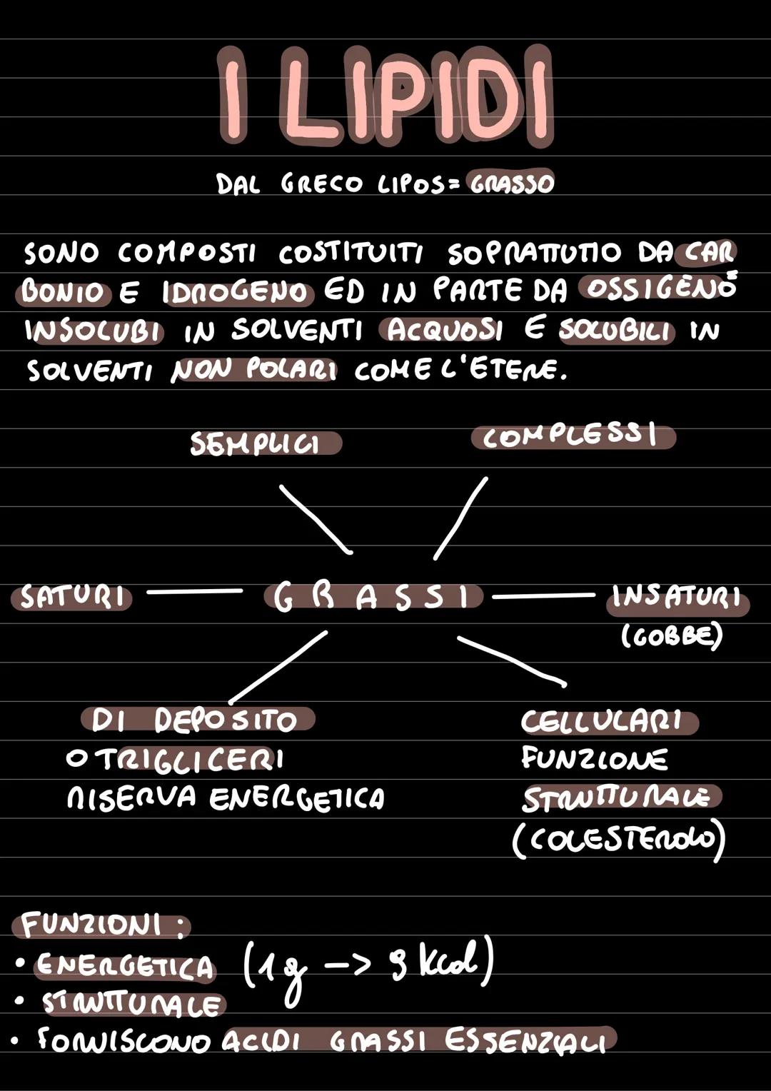 I LIPIDI
DAL GRECO LIPOS= GRASSO
SONO COMPOSTI COSTITUITI SOPRATTUTIO DA CAR
BONIO E IDROGENO ED IN PARTE DA OSSIGENŐ
INSOLUBI IN SOLVENTI A