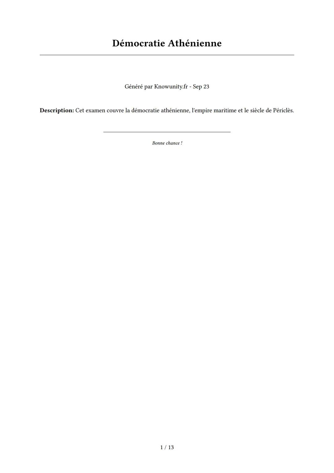 # Démocratie Athénienne
Généré par Knowunity.fr - Sep 23
Description: Cet examen couvre la démocratie athénienne, l'empire maritime et le